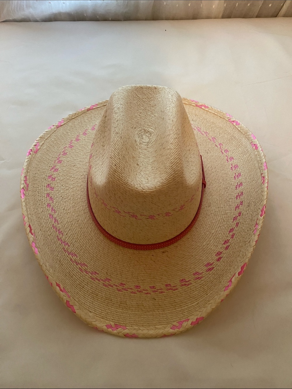 Straw Cowboy Hat with Pink Trim - Women Accessories